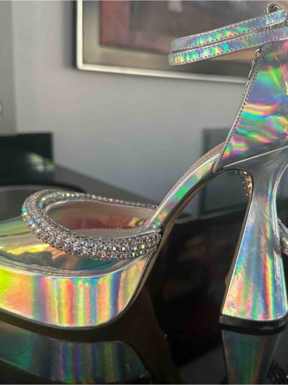 MACH & MACH Iridescent Holographic Crystal Strap Platform Heel - Silver